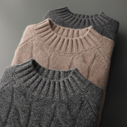 三股加厚保暖100%純山羊絨衫男半高領扭花毛衣輕奢男裝針織打底衫