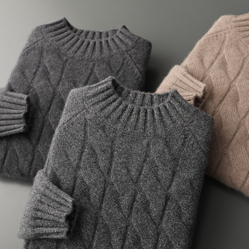 三股加厚保暖100%純山羊絨衫男半高領扭花毛衣輕奢男裝針織打底衫