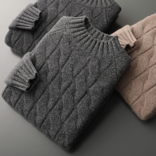 三股加厚保暖100%純山羊絨衫男半高領扭花毛衣輕奢男裝針織打底衫