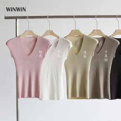 天絲萊賽爾V領針織衫女夏季新款修身顯瘦彈力打底衫薄款別致上衣