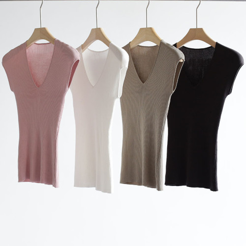 天絲萊賽爾V領針織衫女夏季新款修身顯瘦彈力打底衫薄款別致上衣