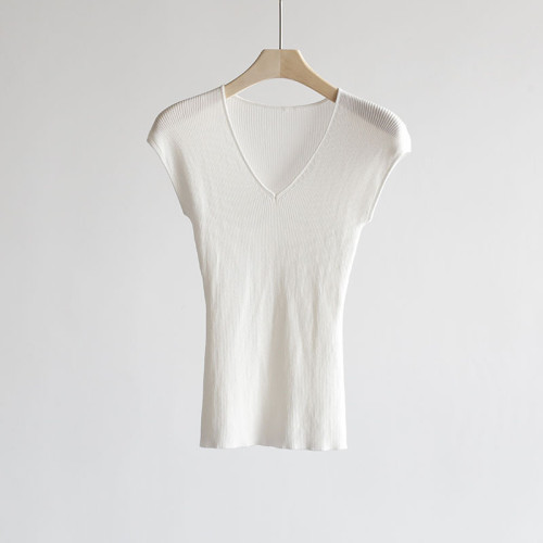 天絲萊賽爾V領針織衫女夏季新款修身顯瘦彈力打底衫薄款別致上衣