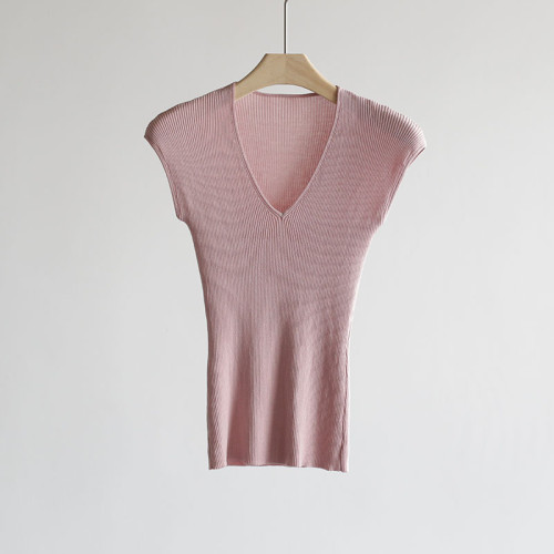 天絲萊賽爾V領針織衫女夏季新款修身顯瘦彈力打底衫薄款別致上衣