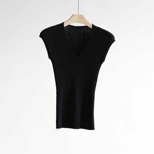 天絲萊賽爾V領針織衫女夏季新款修身顯瘦彈力打底衫薄款別致上衣