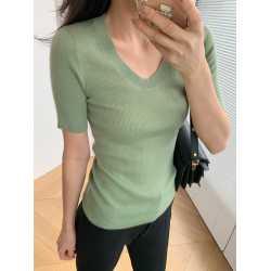 粉貓家經典16針精紡真絲+羊毛+羊絨U領緊身顯瘦針織短袖打底衫女