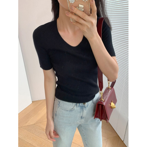 粉貓家經典16針精紡真絲+羊毛+羊絨U領緊身顯瘦針織短袖打底衫女 粉貓家經典16針精紡真絲+羊毛+羊絨U領緊身顯瘦針織短袖打底衫女