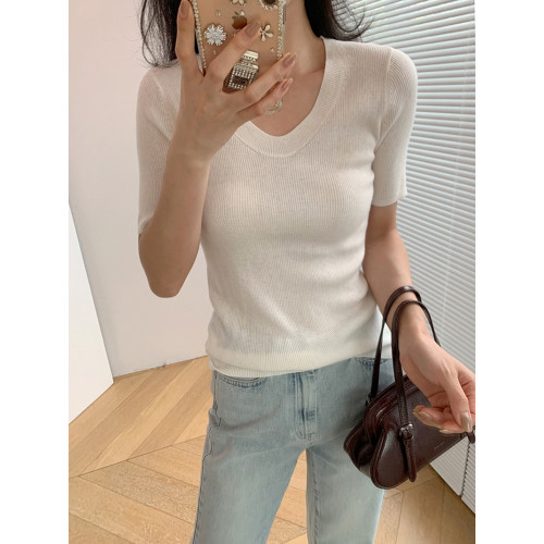 粉貓家經典16針精紡真絲+羊毛+羊絨U領緊身顯瘦針織短袖打底衫女 粉貓家經典16針精紡真絲+羊毛+羊絨U領緊身顯瘦針織短袖打底衫女