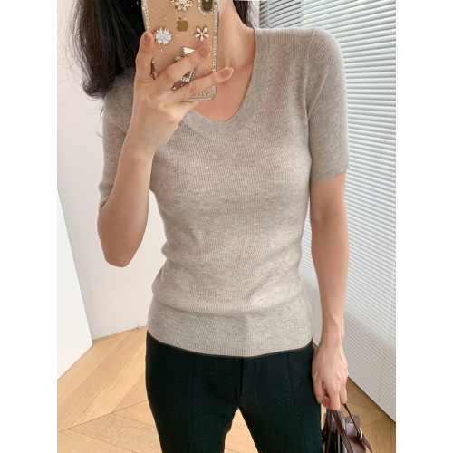 粉貓家經典16針精紡真絲+羊毛+羊絨U領緊身顯瘦針織短袖打底衫女 粉貓家經典16針精紡真絲+羊毛+羊絨U領緊身顯瘦針織短袖打底衫女