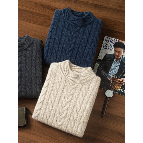 100%純山羊絨衫男半高領麻花扭花毛衣時尚商務休閒加厚保暖打底衫