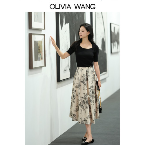 OLIVIA WANG 高級感赫本氣質修身短袖打底衫簡約純色針織衫內搭