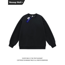 Wassup Wolf基礎款圓領衛衣男女簡約上衣情侶純色寬松純棉打底衫