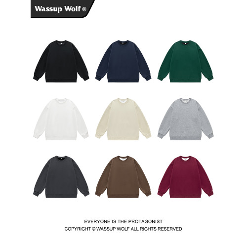 Wassup Wolf基礎款圓領衛衣男女簡約上衣情侶純色寬松純棉打底衫