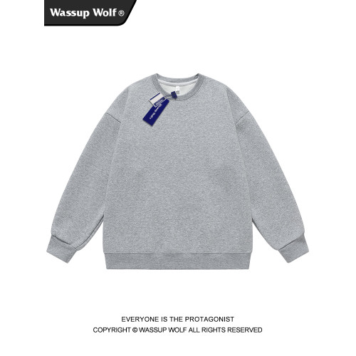 Wassup Wolf基礎款圓領衛衣男女簡約上衣情侶純色寬松純棉打底衫
