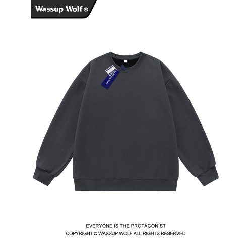 Wassup Wolf基礎款圓領衛衣男女簡約上衣情侶純色寬松純棉打底衫
