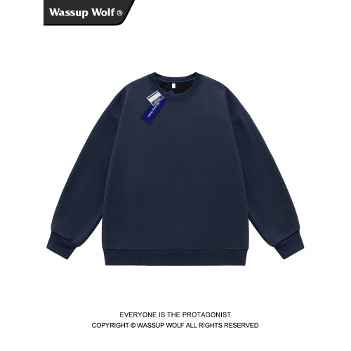 Wassup Wolf基礎款圓領衛衣男女簡約上衣情侶純色寬松純棉打底衫