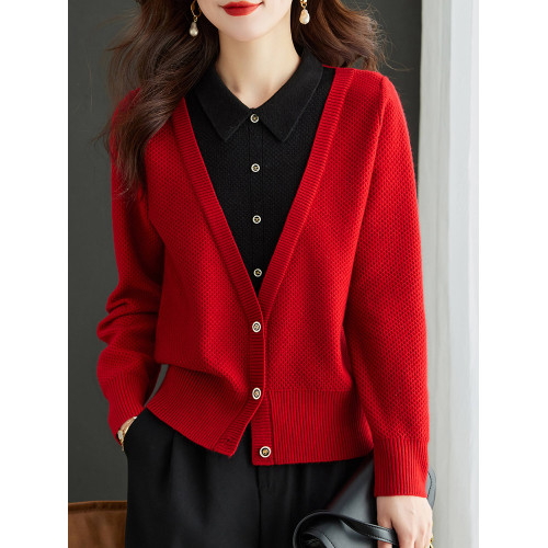 假兩件上衣女春秋2025新款紅色毛衣大碼蛇年本命年衣服針織打底衫