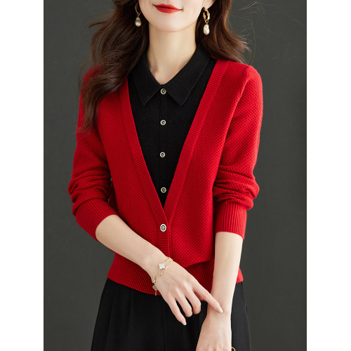 假兩件上衣女春秋2025新款紅色毛衣大碼蛇年本命年衣服針織打底衫