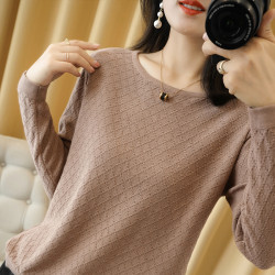 純棉圓領打底衫女春秋寬松針織衫薄款毛衣女棉麻亞麻上衣洋氣減齡