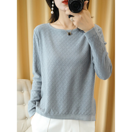 純棉圓領打底衫女春秋寬松針織衫薄款毛衣女棉麻亞麻上衣洋氣減齡