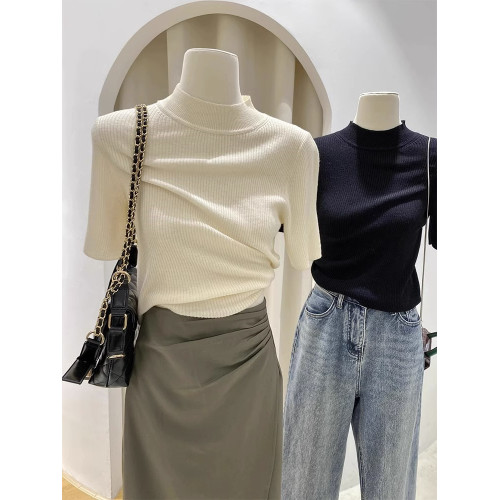 燕麥色修身半高領短袖針織衫女早春高級感半袖內搭毛衣打底衫上衣