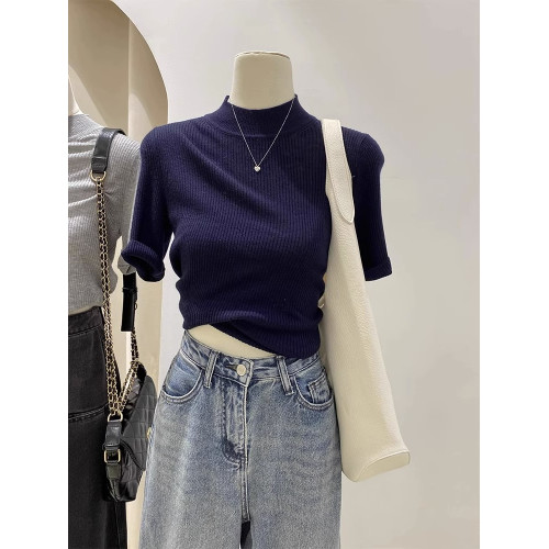 燕麥色修身半高領短袖針織衫女早春高級感半袖內搭毛衣打底衫上衣