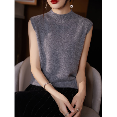 無縫一線100%純羊毛背心毛衣半高領吊帶針織打底衫秋季女羊絨內搭