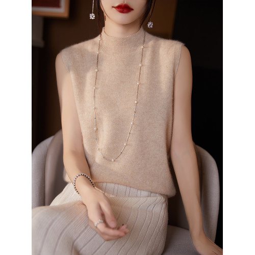 無縫一線100%純羊毛背心毛衣半高領吊帶針織打底衫秋季女羊絨內搭