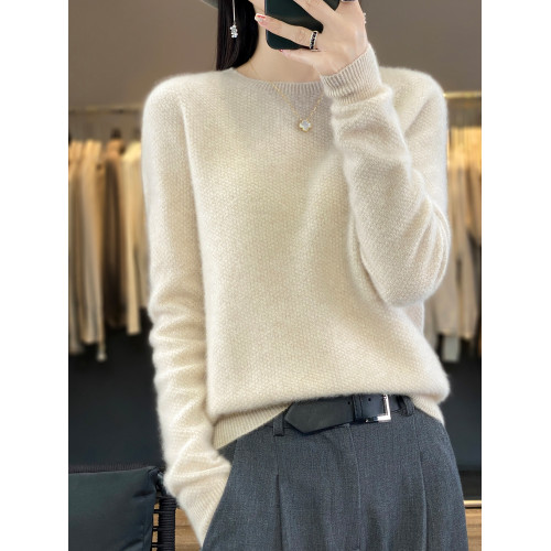 一線成衣100%純羊毛衫女圓領時尚長袖套頭羊絨毛衣秋冬針織打底衫
