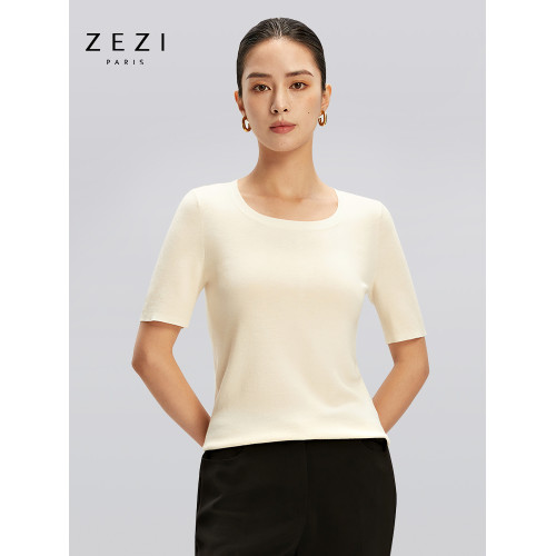 zezi羊毛u領針織衫短袖女羊毛衫100純羊毛春秋緊身打底衫低領短袖