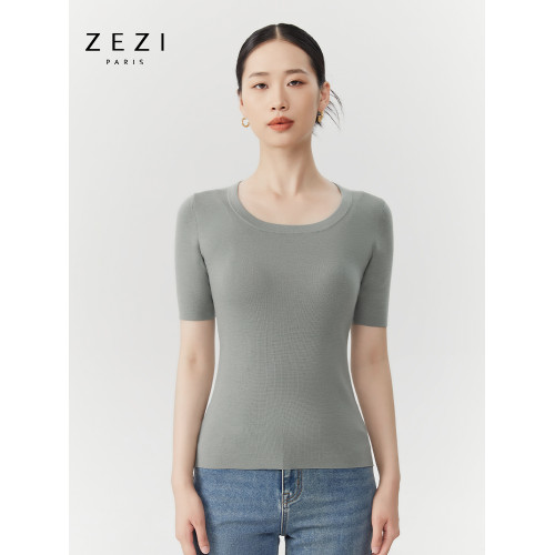 zezi羊毛u領針織衫短袖女羊毛衫100純羊毛春秋緊身打底衫低領短袖