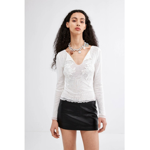 【九伍公園】原創設計白色網紗刺綉收身顯瘦長袖襯衫打底衫