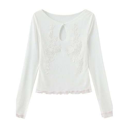 【九伍公園】原創設計白色網紗刺綉收身顯瘦長袖襯衫打底衫