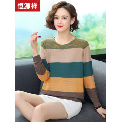 恒源祥條紋羊毛衫女圓領針織打底衫媽媽春秋薄款毛衣低領寬松上衣