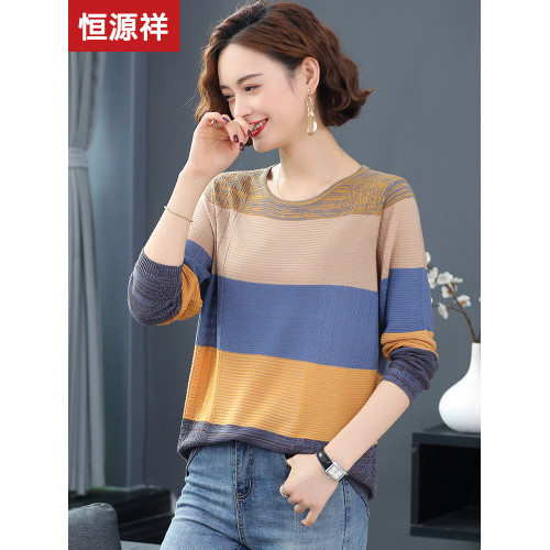 恒源祥條紋羊毛衫女圓領針織打底衫媽媽春秋薄款毛衣低領寬松上衣