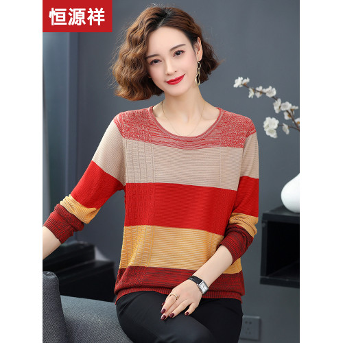恒源祥條紋羊毛衫女圓領針織打底衫媽媽春秋薄款毛衣低領寬松上衣