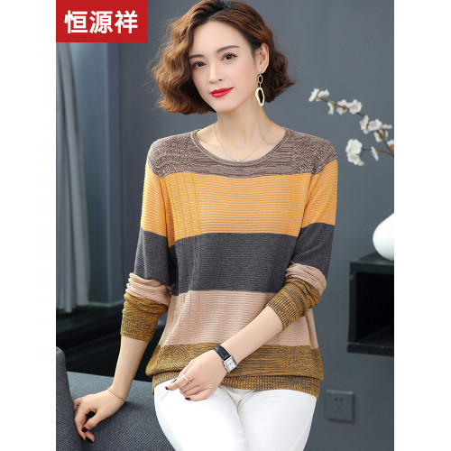 恒源祥條紋羊毛衫女圓領針織打底衫媽媽春秋薄款毛衣低領寬松上衣