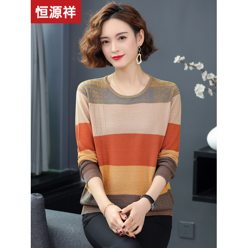 恒源祥條紋羊毛衫女圓領針織打底衫媽媽春秋薄款毛衣低領寬松上衣