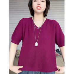 2025新款V領薄款棉麻針織衫女夏季韓版大碼短袖棉線寬松打底衫潮