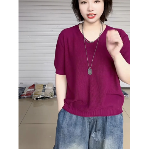 2025新款V領薄款棉麻針織衫女夏季韓版大碼短袖棉線寬松打底衫潮