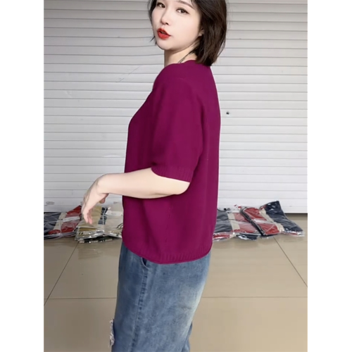 2025新款V領薄款棉麻針織衫女夏季韓版大碼短袖棉線寬松打底衫潮