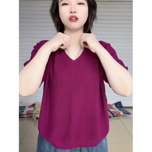 2025新款V領薄款棉麻針織衫女夏季韓版大碼短袖棉線寬松打底衫潮