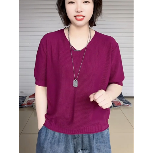 2025新款V領薄款棉麻針織衫女夏季韓版大碼短袖棉線寬松打底衫潮