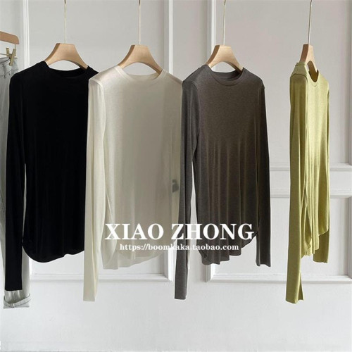 四色圓領打底衫女,6%真絲+38%萊賽爾纖維莫蘭迪色系長袖針織衫秋 四色圓領打底衫女,6%真絲+38%萊賽爾纖維莫蘭迪色系長袖針織衫秋