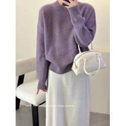 秋冬羊絨衫女圓領毛衣純色套頭寬松慵懶通勤袖羊毛針織打底衫