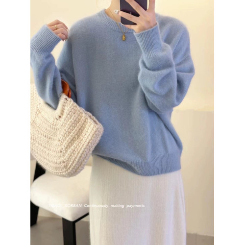 秋冬羊絨衫女圓領毛衣純色套頭寬松慵懶通勤袖羊毛針織打底衫