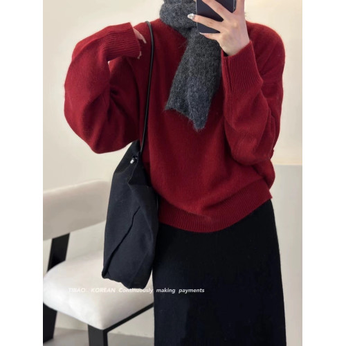 秋冬羊絨衫女圓領毛衣純色套頭寬松慵懶通勤袖羊毛針織打底衫