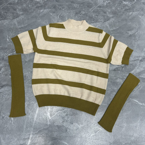 5.1艾G 剪標 毛衣針織衫女士上衣套頭短袖套袖條紋紅色打底衫