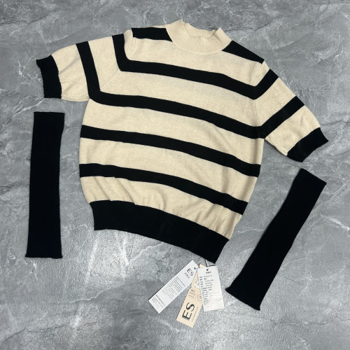 5.1艾G 剪標 毛衣針織衫女士上衣套頭短袖套袖條紋紅色打底衫