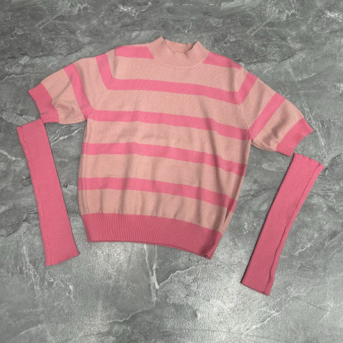 5.1艾G 剪標 毛衣針織衫女士上衣套頭短袖套袖條紋紅色打底衫