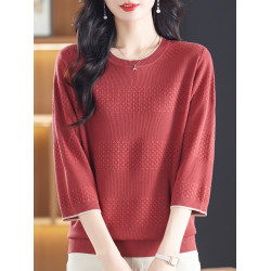 冰絲針織衫上衣女秋季新款媽媽裝寬松大碼洋氣小衫薄款中袖打底衫